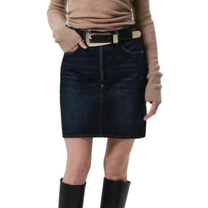 Dark Wash Denim Mini Skirt with Contrast Stitching