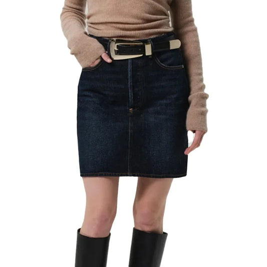 Dark Wash Denim Mini Skirt with Contrast Stitching