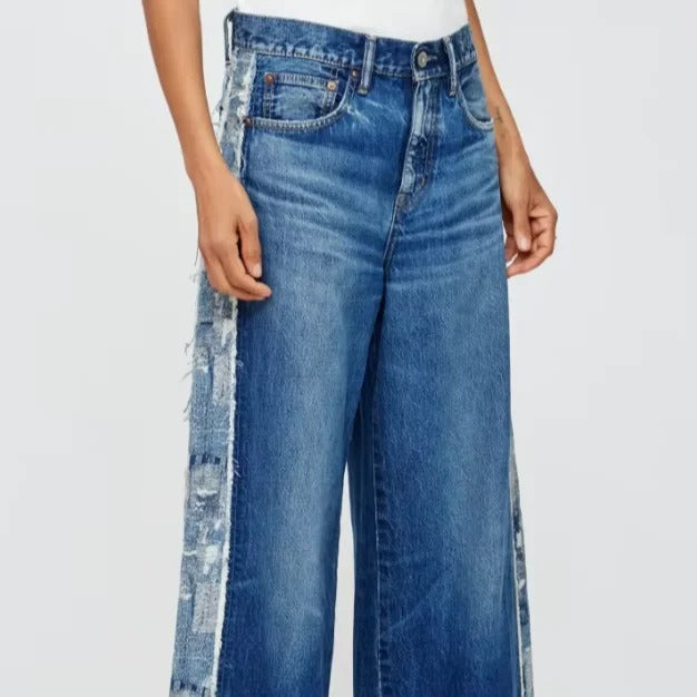 Blue Wash Wide Leg Jeans with Raw Side Panel Detail