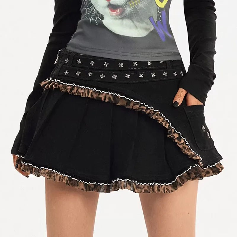 Black Asymmetric Mini Skirt with Leopard Print Ruffle Trim