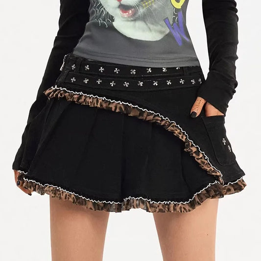 Black Asymmetric Mini Skirt with Leopard Print Ruffle Trim
