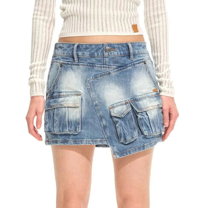 Light Wash Denim Mini Skort with Cargo Pocket Detail