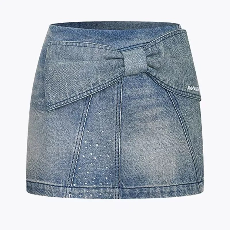 Light Wash Denim Mini Skirt with Bow Detail