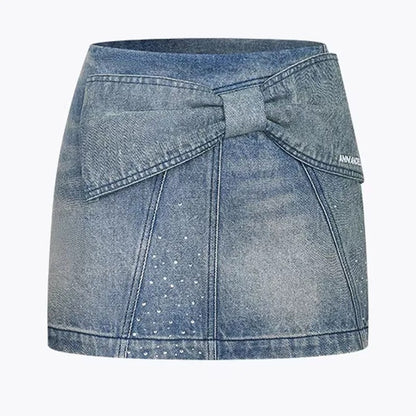 Light Wash Denim Mini Skirt with Bow Detail