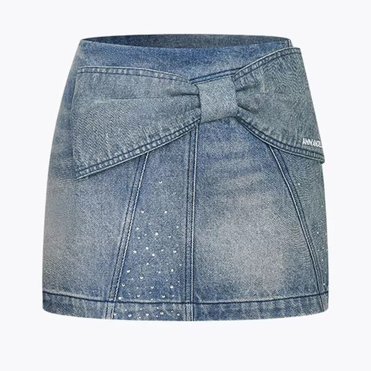 Light Wash Denim Mini Skirt with Bow Detail