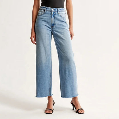 Light Wash Wide Leg Cropped Jeans with Raw Hem