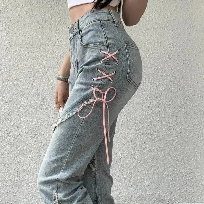 Light Grey Flared Jeans with Lace-Up Side Details