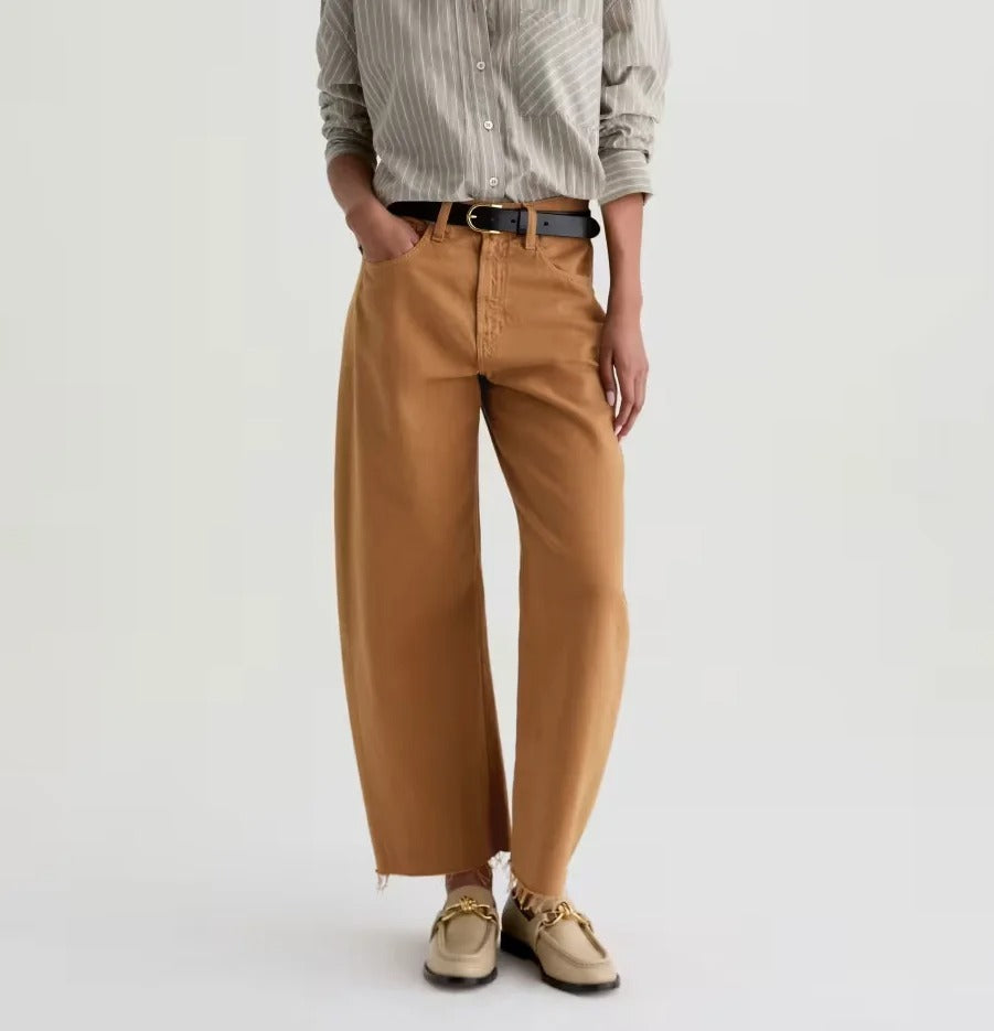 Camel Wide Leg Cropped Jeans with Raw Hem