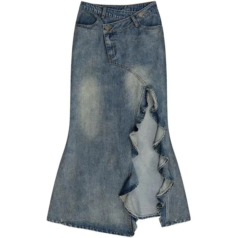 Light Wash Denim Maxi Skirt with Asymmetric Ruffle Slit