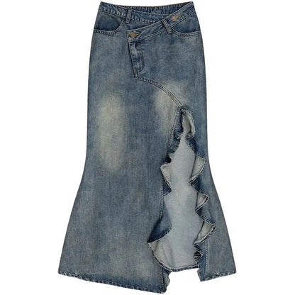 Light Wash Denim Maxi Skirt with Asymmetric Ruffle Slit