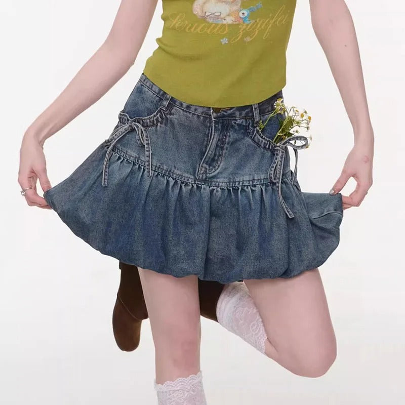 Blue Wash Denim Bubble Mini Skirt with Side Tie Details
