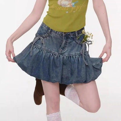 Blue Wash Denim Bubble Mini Skirt with Side Tie Details