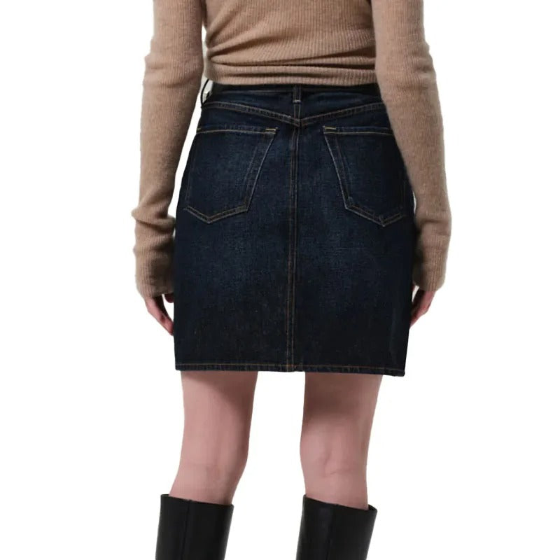 Dark Wash Denim Mini Skirt with Contrast Stitching