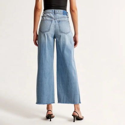 Light Wash Wide Leg Cropped Jeans with Raw Hem