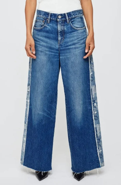 Blue Wash Wide Leg Jeans with Raw Side Panel Detail
