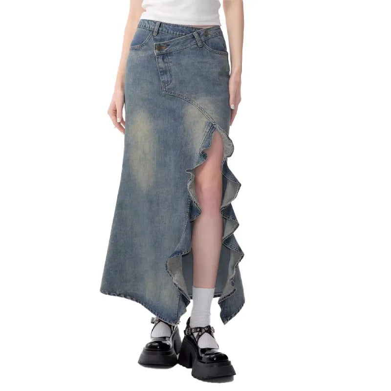 Light Wash Denim Maxi Skirt with Asymmetric Ruffle Slit