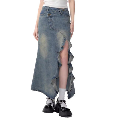 Light Wash Denim Maxi Skirt with Asymmetric Ruffle Slit