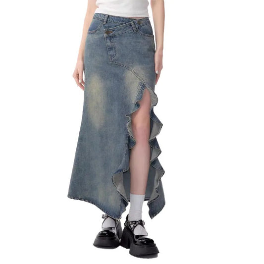 Light Wash Denim Maxi Skirt with Asymmetric Ruffle Slit