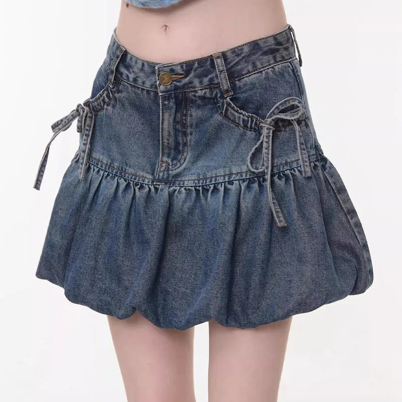 Blue Wash Denim Bubble Mini Skirt with Side Tie Details