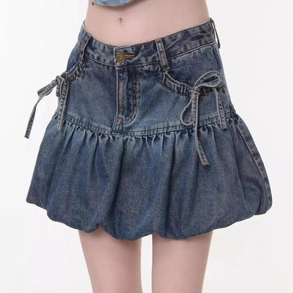 Blue Wash Denim Bubble Mini Skirt with Side Tie Details
