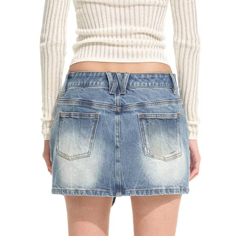 Light Wash Denim Mini Skort with Cargo Pocket Detail