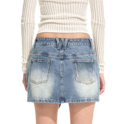 Light Wash Denim Mini Skort with Cargo Pocket Detail