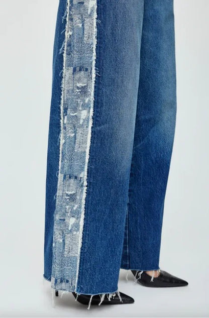 Blue Wash Wide Leg Jeans with Raw Side Panel Detail