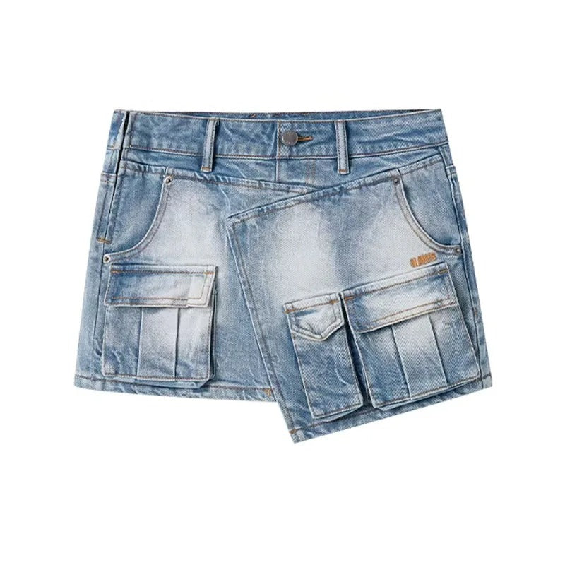 Light Wash Denim Mini Skort with Cargo Pocket Detail