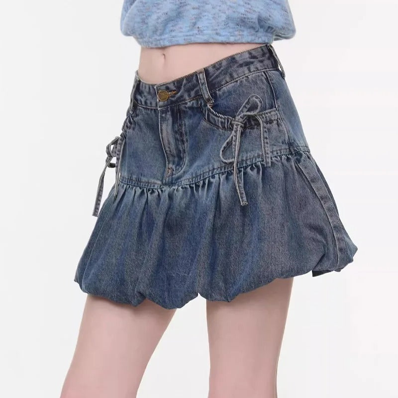 Blue Wash Denim Bubble Mini Skirt with Side Tie Details