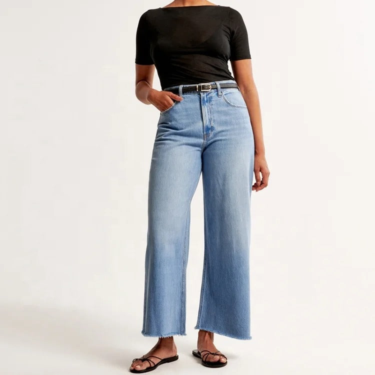 Light Wash Wide Leg Cropped Jeans with Raw Hem