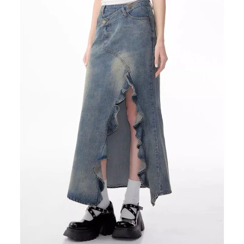 Light Wash Denim Maxi Skirt with Asymmetric Ruffle Slit