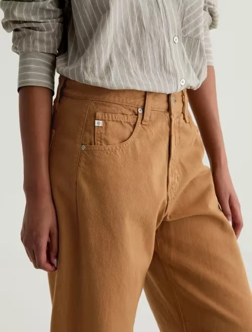 Camel Wide Leg Cropped Jeans with Raw Hem