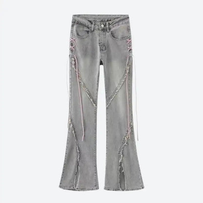 Light Grey Flared Jeans with Lace-Up Side Details