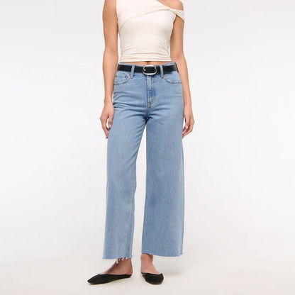 Light Wash Wide Leg Cropped Jeans with Raw Hem