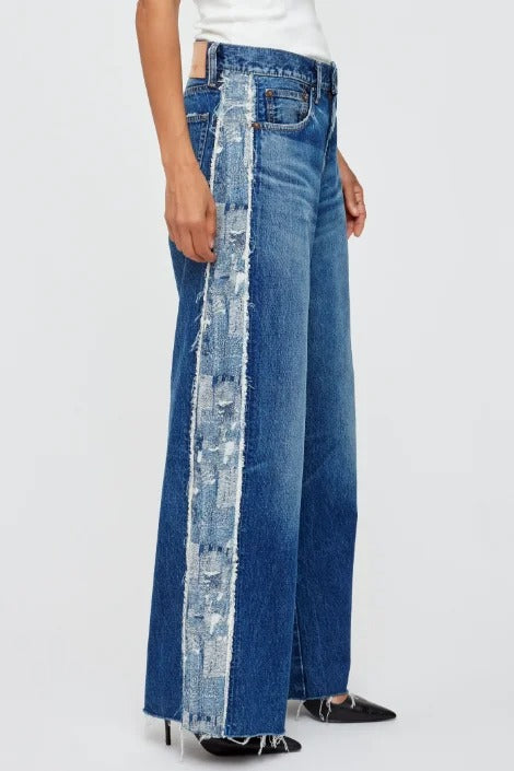 Blue Wash Wide Leg Jeans with Raw Side Panel Detail