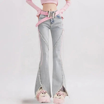 Light Grey Flared Jeans with Lace-Up Side Details