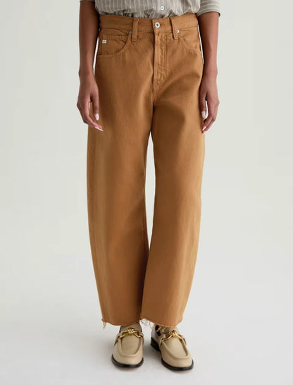 Camel Wide Leg Cropped Jeans with Raw Hem