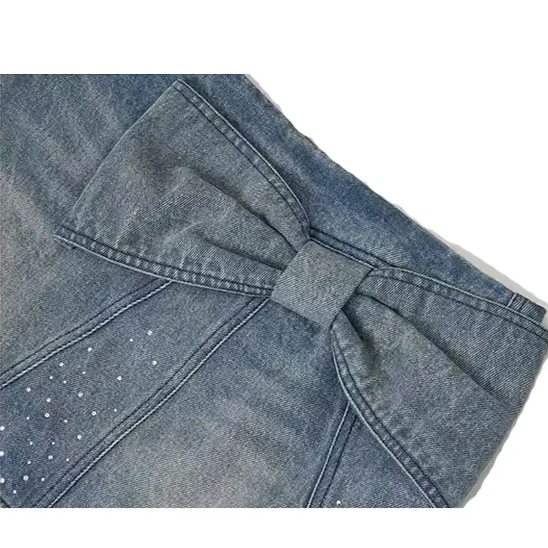 Light Wash Denim Mini Skirt with Bow Detail