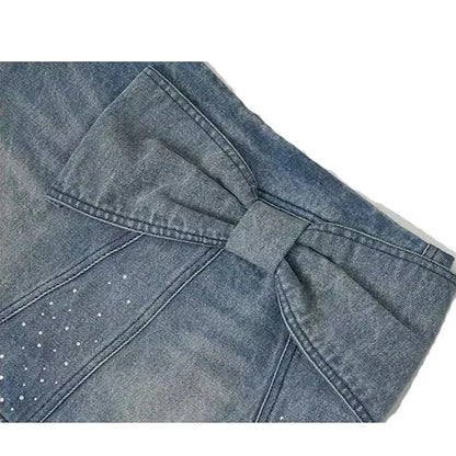 Light Wash Denim Mini Skirt with Bow Detail