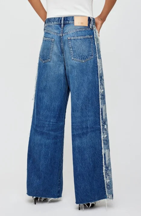 Blue Wash Wide Leg Jeans with Raw Side Panel Detail