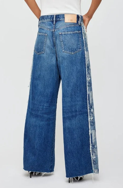 Blue Wash Wide Leg Jeans with Raw Side Panel Detail