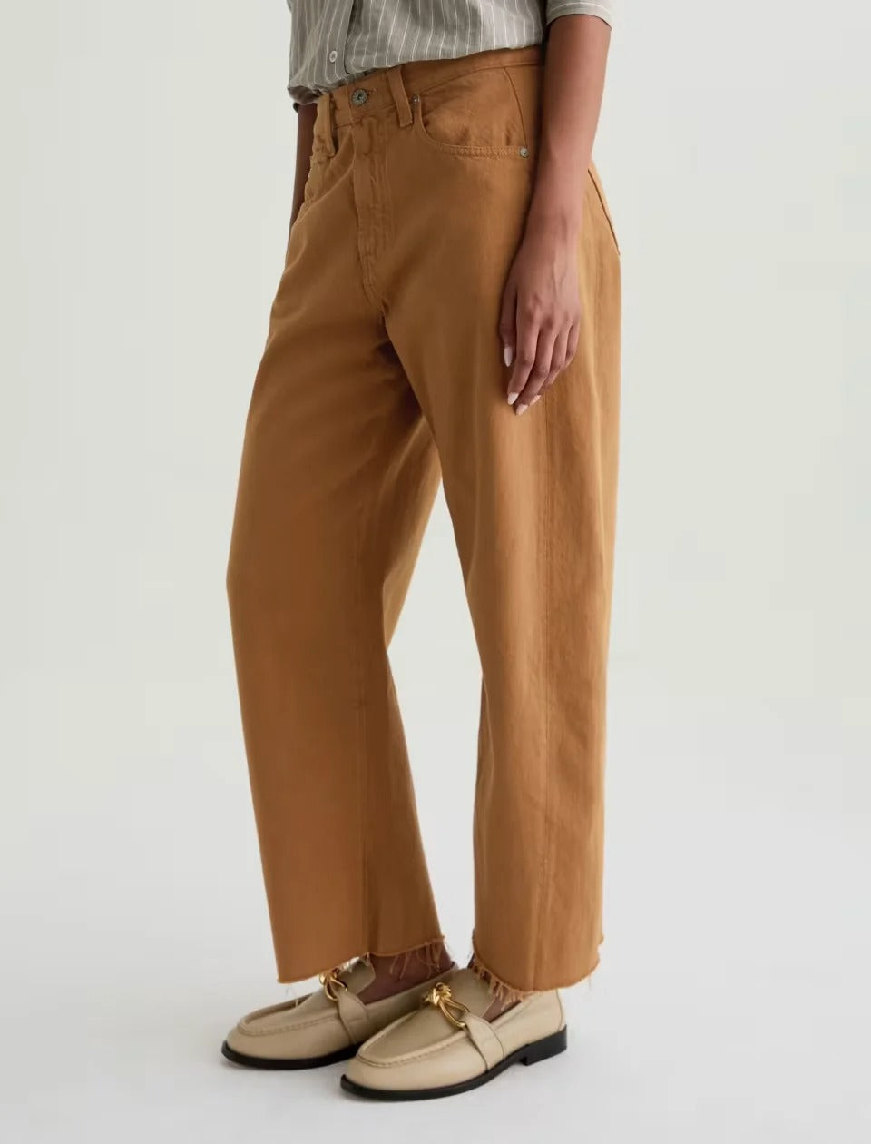 Camel Wide Leg Cropped Jeans with Raw Hem
