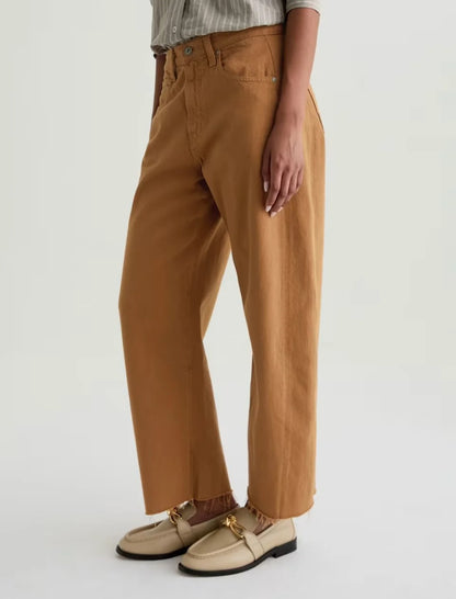 Camel Wide Leg Cropped Jeans with Raw Hem