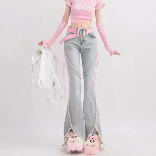 Light Grey Flared Jeans with Lace-Up Side Details