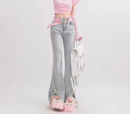 Light Grey Flared Jeans with Lace-Up Side Details