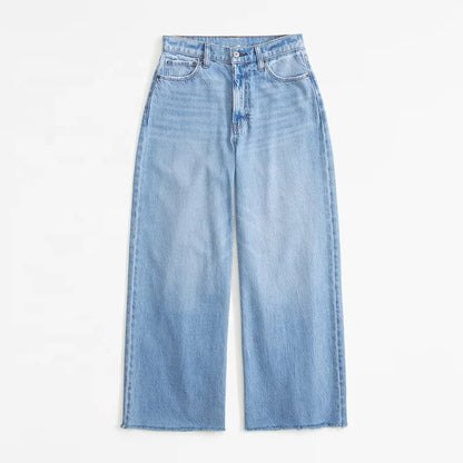 Light Wash Wide Leg Cropped Jeans with Raw Hem