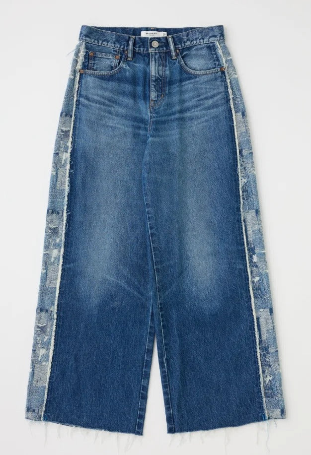 Blue Wash Wide Leg Jeans with Raw Side Panel Detail
