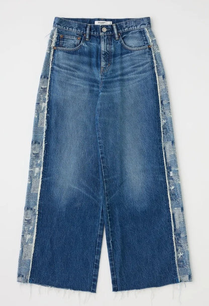 Blue Wash Wide Leg Jeans with Raw Side Panel Detail