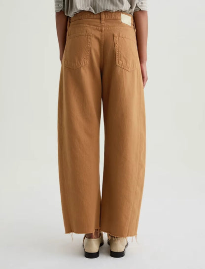 Camel Wide Leg Cropped Jeans with Raw Hem